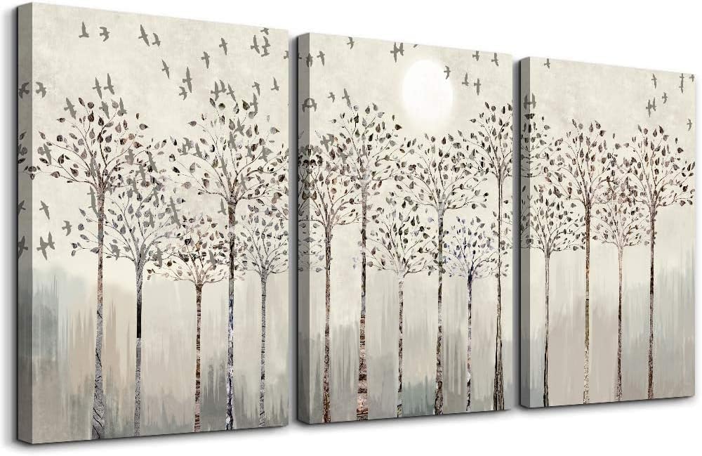 Trees And Birds Abstract Paintings Canvas Prints Wall Art For Bedroom Bathroom Wall Decor Office Artworks Pictures Wall Decorations For Living Room,3 Piece Sunrise And Sunset Modern Home Decoration