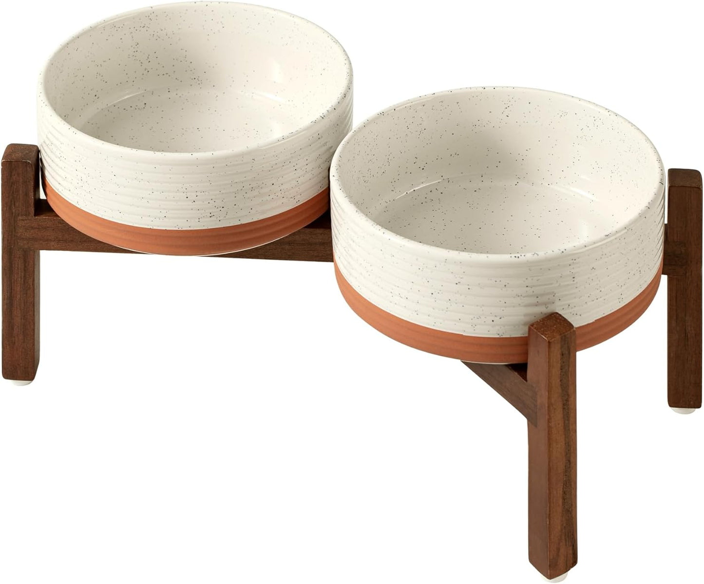 Ceramic 7.3inch Raised Double Dog Bowls Set with Acacia Wood Stand, Food & Water Bowls for Medium Breed Dogs, Weighted Pet Dishes(41oz, Vanilla White)