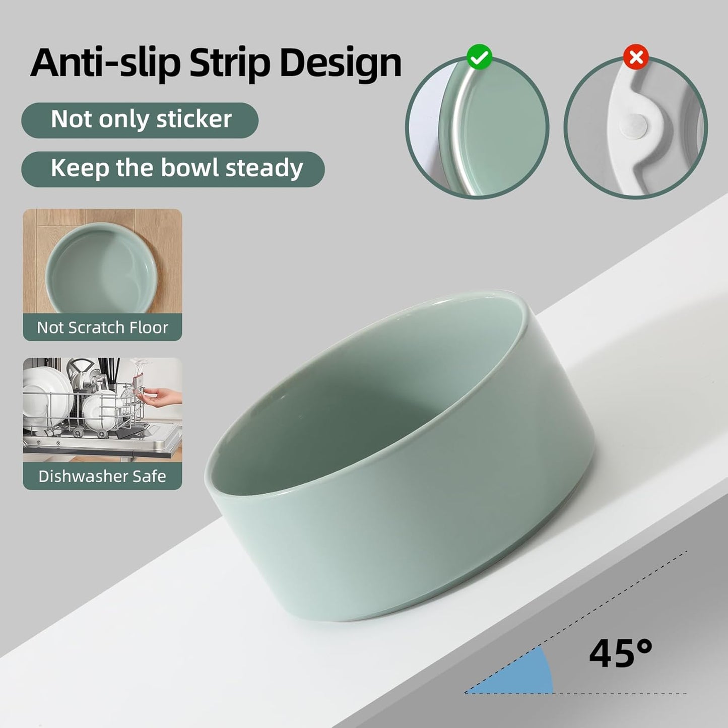 Ceramic Elevated Cat Food and Water Bowl, Kitty Bowl, Raised Cat Dish, Pet Feeder (5.1 in, 2 x Light Green + Stand)