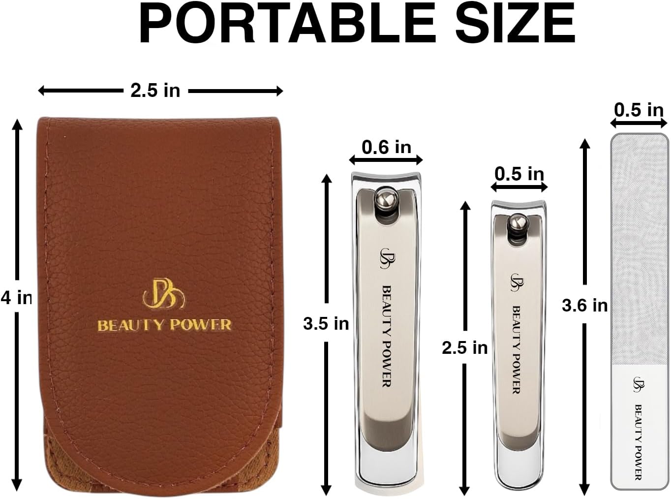 Nail Clippers Set 3 in 1 - Stainless Steel Toe Nail Clippers, Fingernail Clipper, Glass Nail File, Anti Splash, Ergonomic Grip in PU Leather Travel Case for Men & Women (Brown Case)