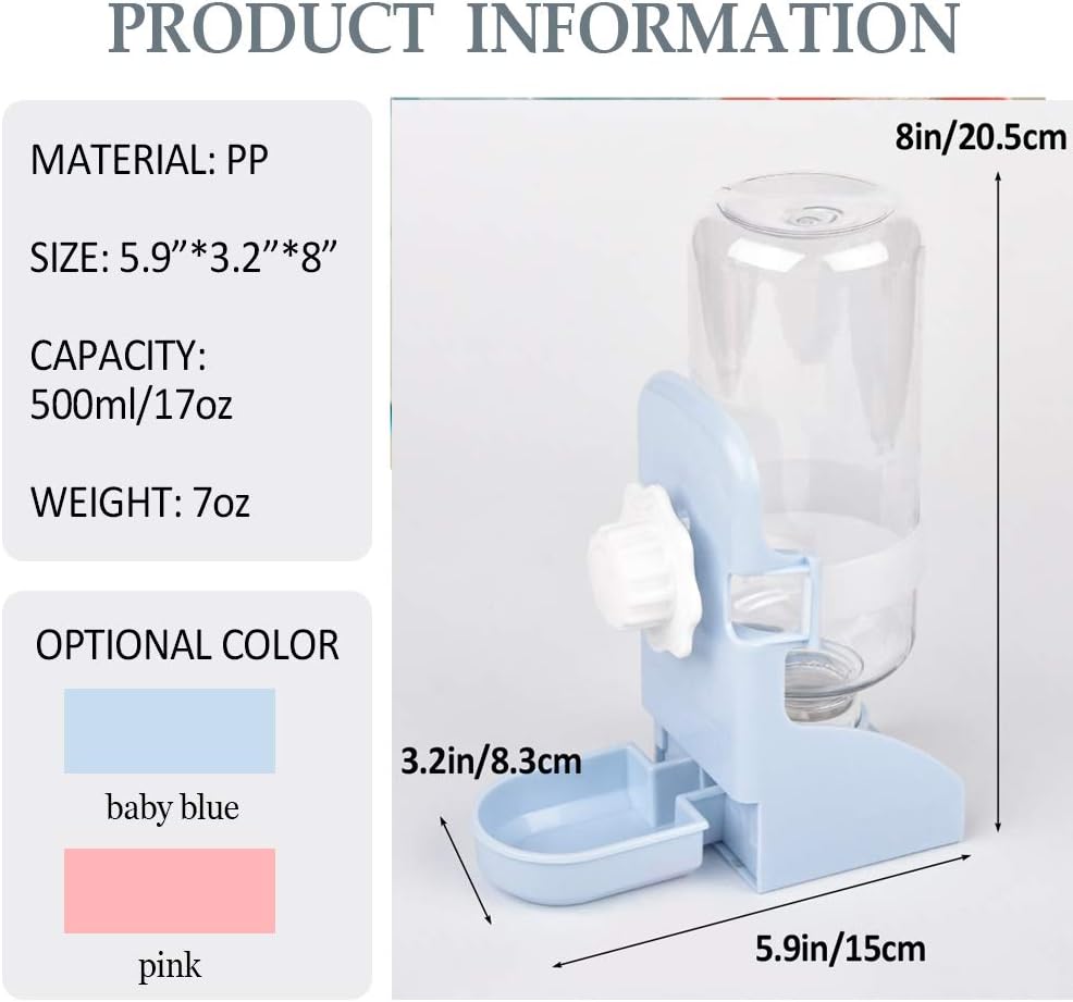 kathson Rabbit Water Bottle, 17oz Hanging Water Fountain Automatic Dispenser No Leak WaterFeeder for Bunny Chinchilla Guinea Pig Hedgehog Ferret