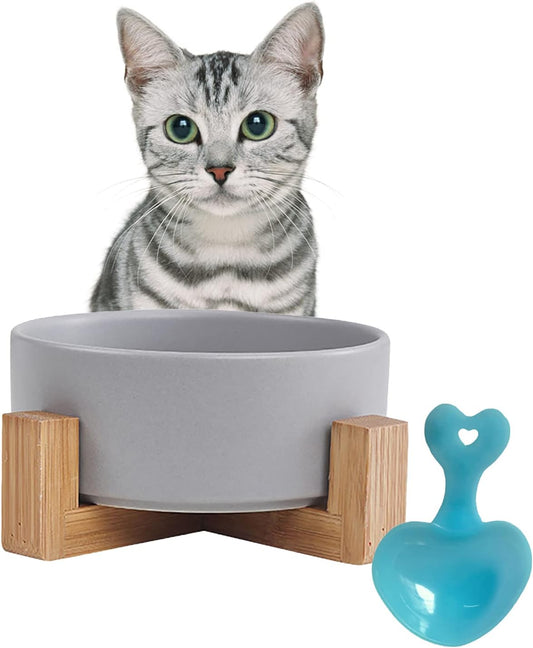 Ceramic Dog Cat Bowl with Wood Stand,Cat Food & Water Bowls Elevated Non-Spill Modern Cute Kitty Dishes Heavy Weighted Round Pet Dishes Set for Small Kitten Grown Cat(Grey)