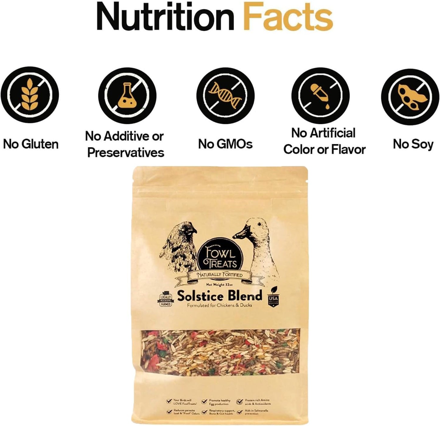 Naturally Fortified Treats – Protein Rich Supplement Suitable for Chickens, Hens and Ducks, Hand Mixed with USA Grown Ingredients – Solstice Blend – 32oz