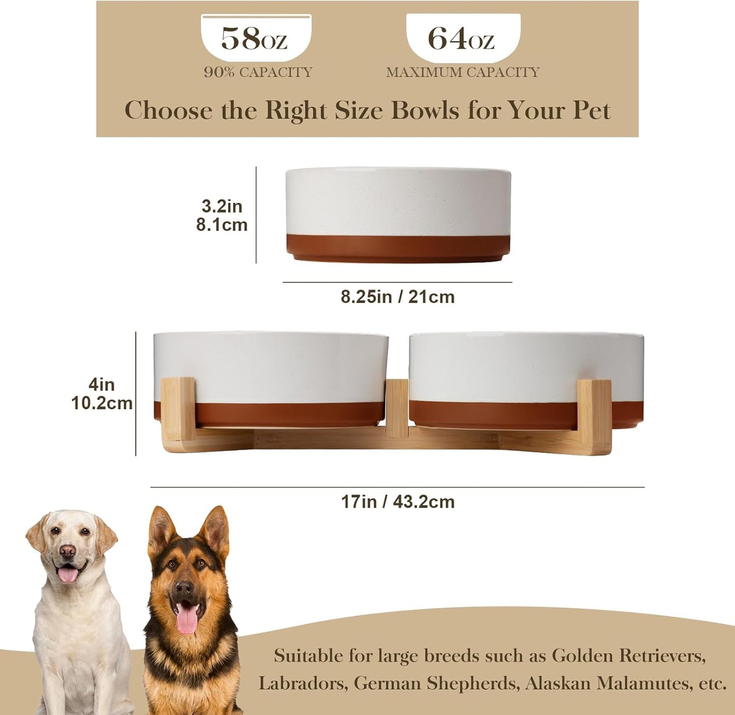 MALACASA Dog Bowls, Ceramic Dogs Bowls with Wood Stand Non-Slip, 6 Cups or 58 oz Capacity Dog Water Food Bowl Glaze Matte Weighted Non-Slip Pet Bowl for Large Dogs (L-6 Cups)