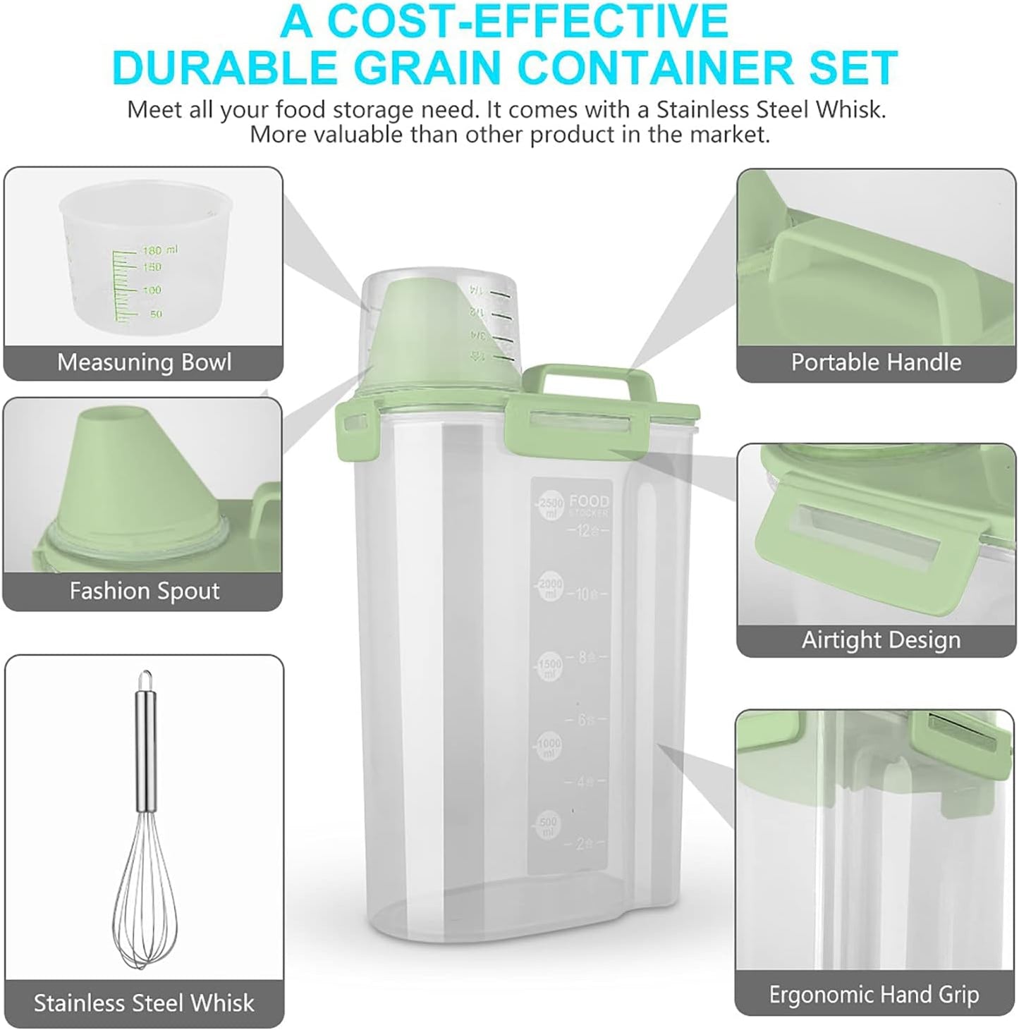 Rice Airtight Dry Food Storage Containers, BPA Free Plastic Storage Bin Dispenser with Pourable Spout, Measuring cup for Cereal, Flour and Baking Supplies, Include a Stainless Steel Whisk