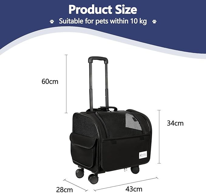Dog Travel Bag with Removable Rolling Wheels, Airline Approved Pet Carrier, Foldable Cat Bag with Breathable Mesh, Pet Stroller(Black)