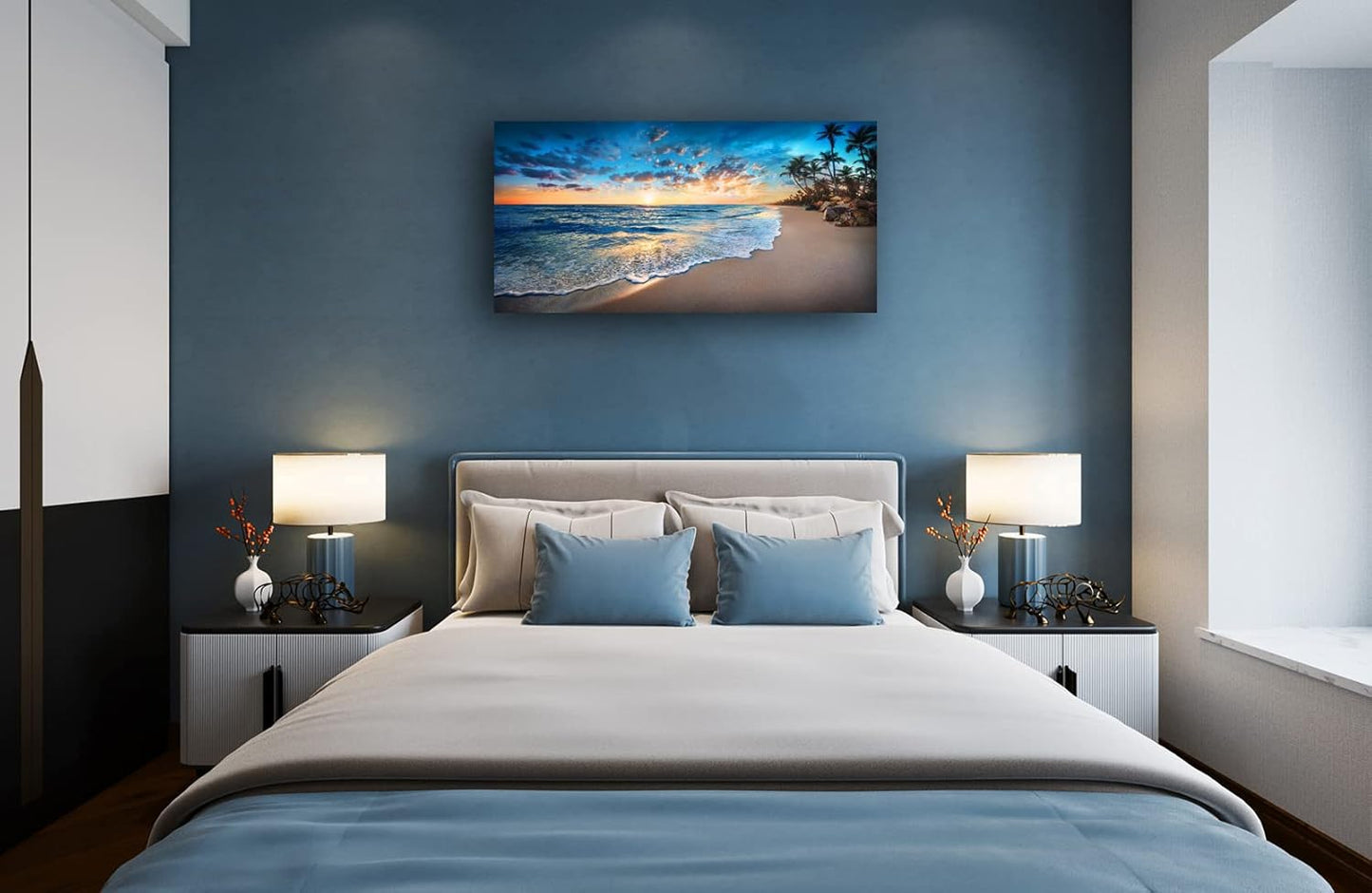 Jiuqinghua Canvas Prints Wall Art Blue Beach Ocean Landscape Paintings 1 panel Sunset Sea Waves Wall Decor Pictures Stretched and Framed for Living Room Bedroom and Office Home Decor Artwork
