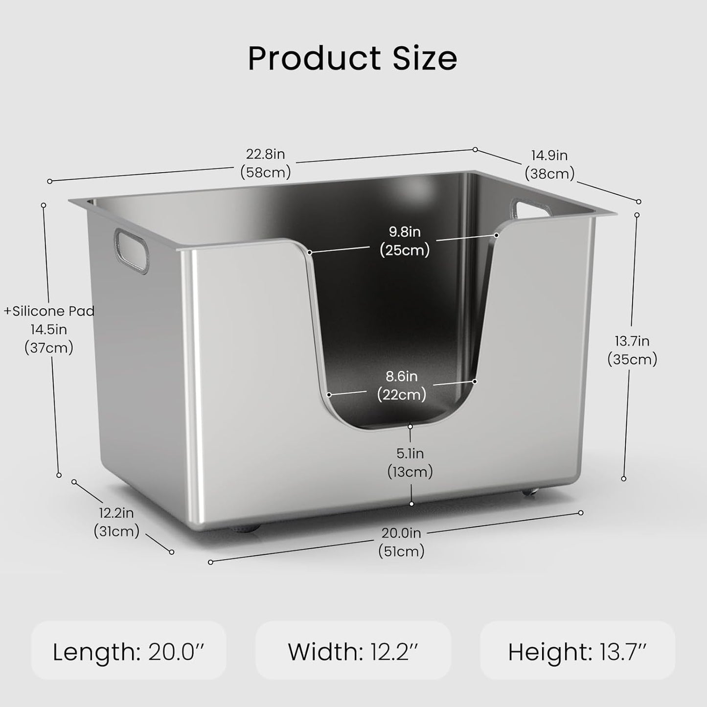 Enclosed Stainless Steel Cat Litter Box 13.8” High Sides, Extra Large Litter Box for Big Cats, XL Metal Kitty Litter Pan Pet Toilet with Wheels for Easy Mobility, Anti-Leakage, Non-Sticky, Easy Clean