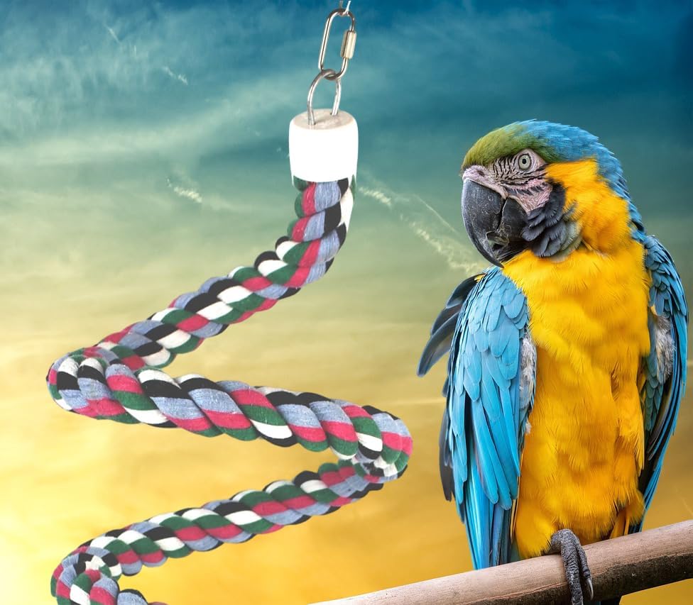 65 inch Length Colorful Cotton Bendable Rope Perch Swing Bird Chew Toys Amazon Parrots Cage Toys with Bell Swing Climbing Standing Bungee Bird Toys for Large to Regular Birds