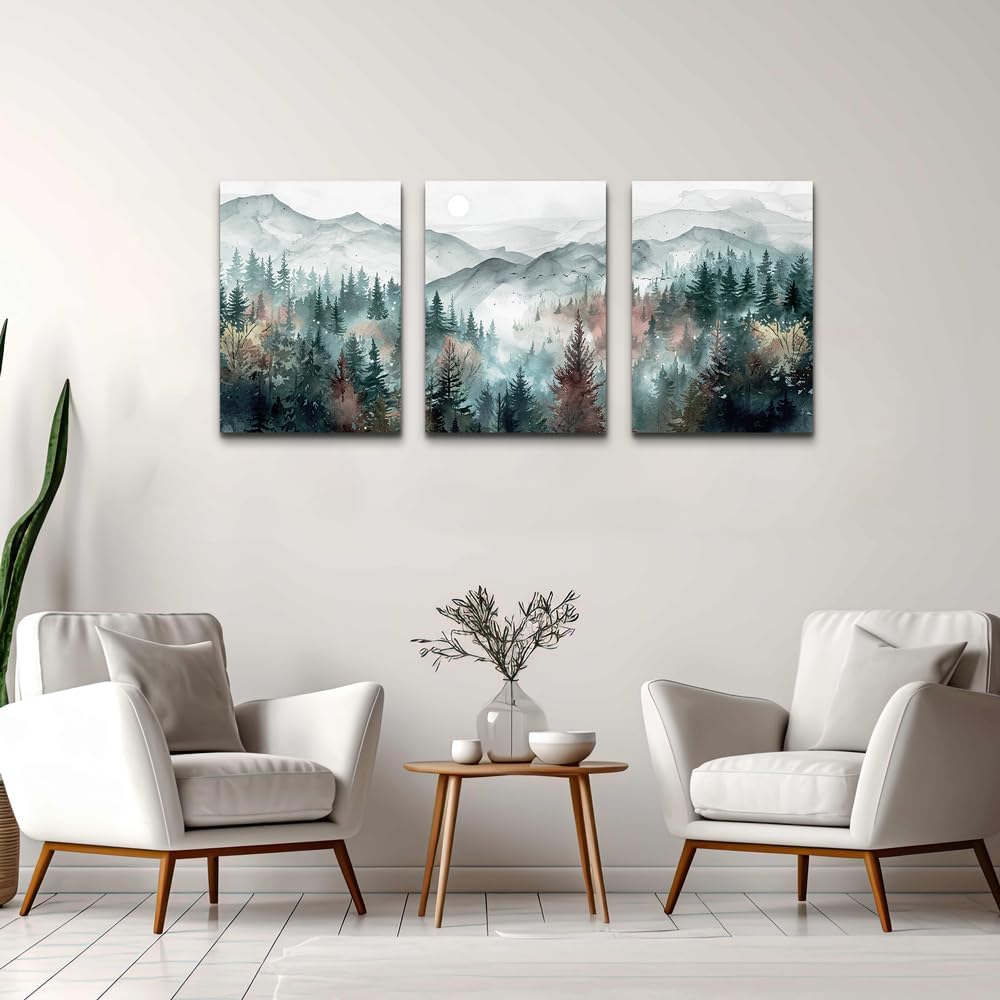 TTHYUEWS Farmhouse Wall Art For Bedroom Wall Decor For Living Room Wall Pictures for Office Fog Forest Mountain Landscape Watercolour Painting Artwork Modern Home Decorations Ready To Hang 3 Piece