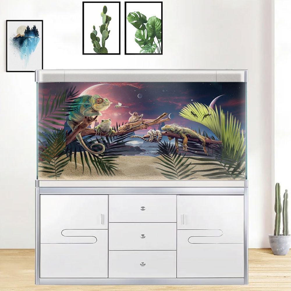 36X18IN Cosmic Spaceterrarium Background, Cool Parallel Space Themed Aquarium Reptile Habitat Background, Red Moon Aquarium Background with 10EVA Double-Sided Tape