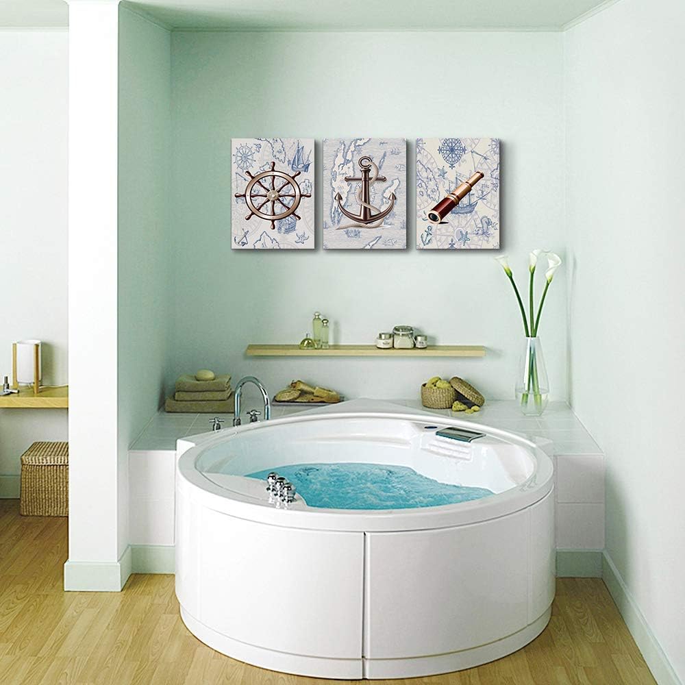 ocean theme steering wheel telescope ship pendant Canvas Prints bathroom Wall Art for Bedroom Wall decor Artworks Pictures wall decorations for living room,3 piece Home decor kitchen wall paintings