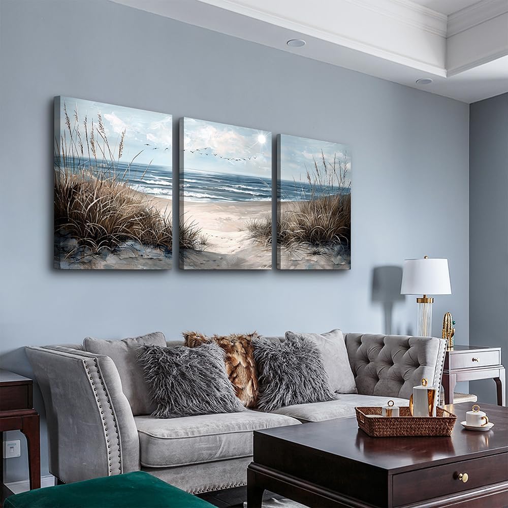 TTHYUEWS Canvas Wall Art For Living Room Wall Decor For Bedroom Modern Office Canvas Art Office Decor Blue Sea Beach Wall Paintings Prints Pictures Artwork Ready To Hang Home Decor 20" X 28"3 Piece