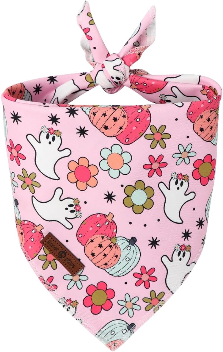 Lionet Paws Halloween Dog Bandana Washable Cotton Handkerchief Scarf Triangle Flower Ghost Pink Bandanas for Small Medium Dogs Girl