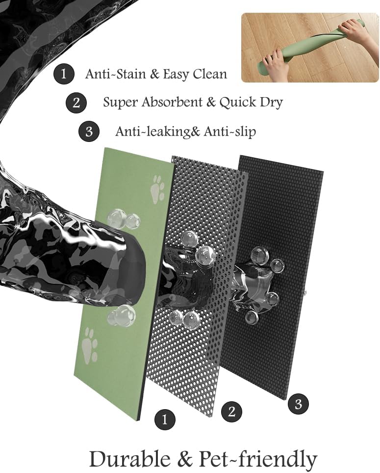 Pet Feeding Mat-Absorbent Dog Mat for Food and Water Bowl-No Stains Quick Dry Water Dispenser Mat-Dog Accessories Pet Supplies-Bowl for Messy Drinkers（Green,16"x24"