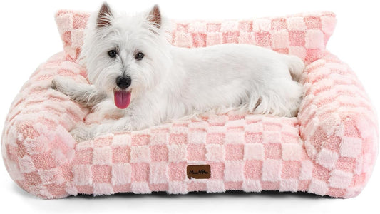 Made4Pets Cat and Dog Couch Bed, Soft Faux Fur Checkered Pet Sofa, Cozy Fluffy Pet Sofa with Supportive Foam, Removable Washable Cover with Non-Slip Base, Pink, Medium