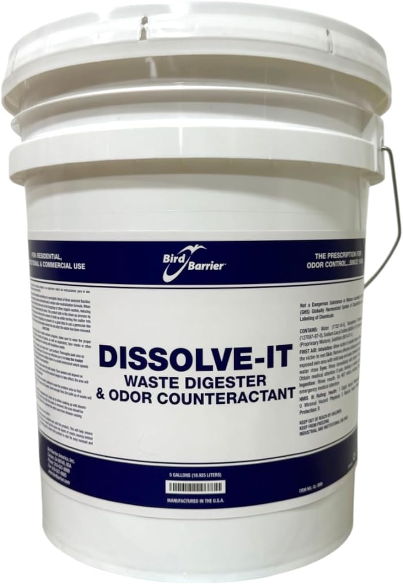 Bird Barrier Dissolve-It Enzyme Cleaner - Bird Dropping - Dissolves Waste – Treat Affected Areas Before Installing Bird Control Products - 5 Gallons Makes 10 Gallons