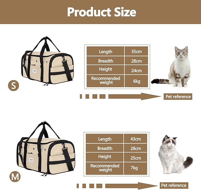Pet Carrier Bag, Foldable Cat Bag Airline Approved, Soft-Sided Cat Travel Bag, Washable Dog Carrier Privacy Protection for Home Outdoor Travel(S, Brown)