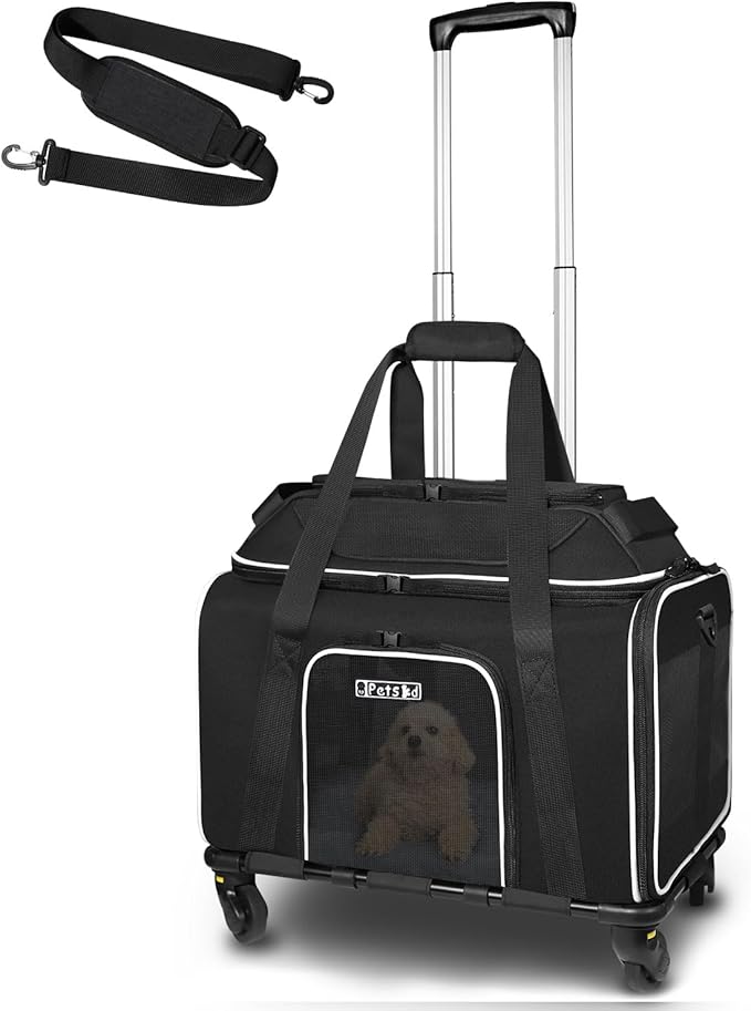 Petskd Top-Expandable Pet Carrier with Wheels 18x11x11 Inches Delta American United Airline Approved, Soft-Sided Carrier for Small Cats Dogs with Locking Safety Zippers and Anti-Scratch Mesh(Black)
