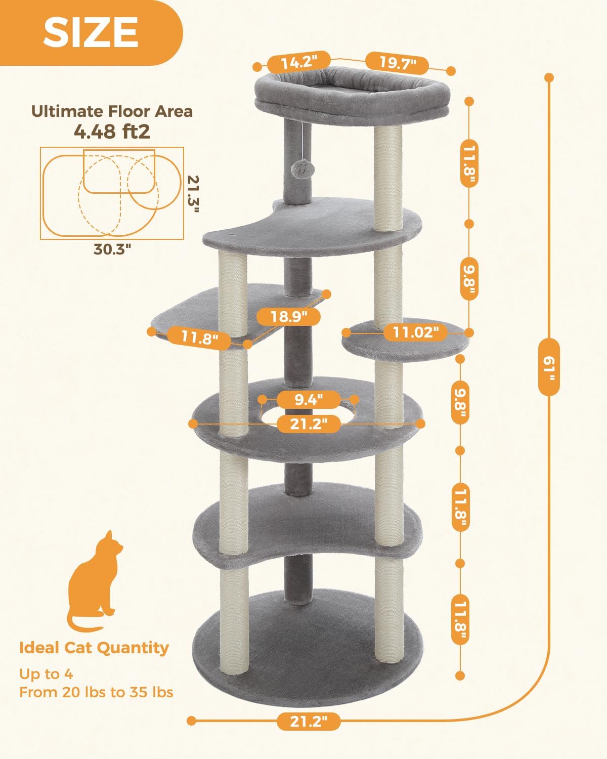 PETEPELA 61" Cat Tree for Indoor Cats, [6-Levels] Cat Climbing Tower with 9 Sisal Scratching Posts and Replaceable Dangling Ball &Top Perch, Grey