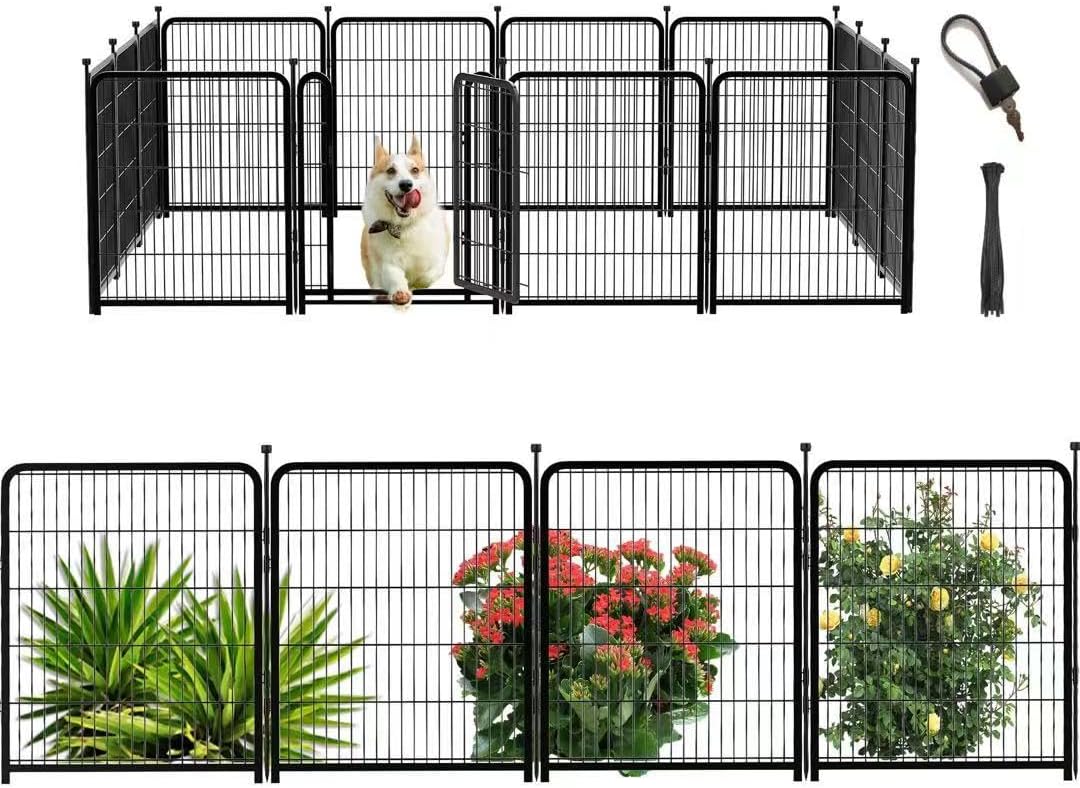 56 in(H) Decorative Garden Fence Panels, Wide Door Low Threshold, Dog Fence Outdoor for Yard. 10 Panels Total 22.1 Ft(L)，No Dig Fencing for Dogs, Black