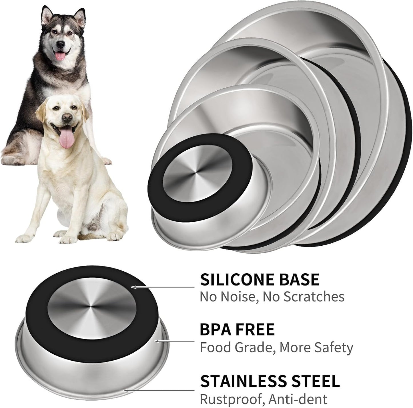 Taglory 11 Cup Stainless Steel Dog Bowls Set of 2 for Food and Water, Silicone Base Anti-Slip, Rust Resistant, Extra Thick Metal Bowls for Large Dogs, 84oz, Black