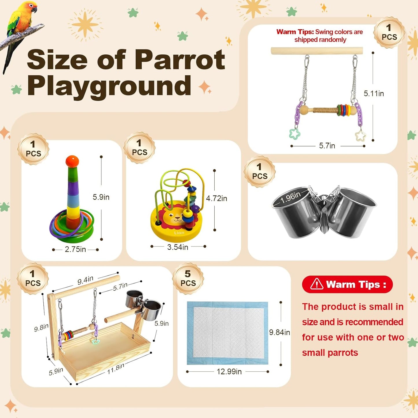 Mini Wood Bird Playground Birds Perch Stand Desktop Parrot Play Stand Parrot Tree with Feeder Cups Hanging Swing Toys and Foraging Toys Parakeet Play Gym for Budgie Cockatiel Conure Lovebird