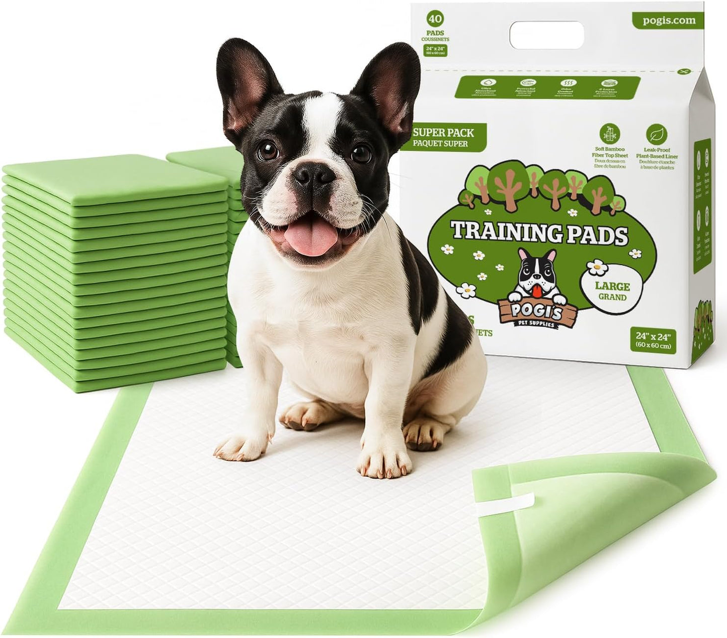 Pogi’s Dog Pads with Sticky Tabs – Large, Super Absorbent, Odor Blocking, 20-Count (24x24in)
