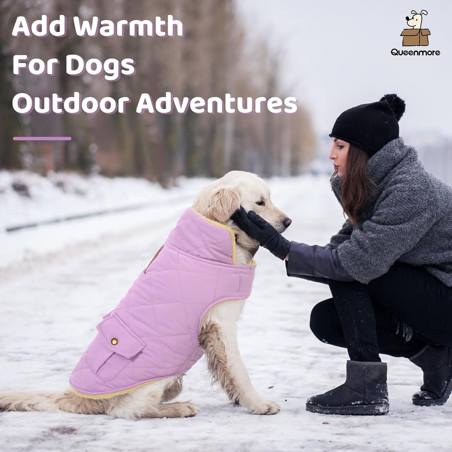 Queenmore Warm Dog Coat, Cold Weather Puffer Dog Coat Vest, Quilting Winter Pet Jacket Ultra Thick Plush Fleece Lining Pet Clothes for Dogs with Storage Pockets (Lilac, Medium)