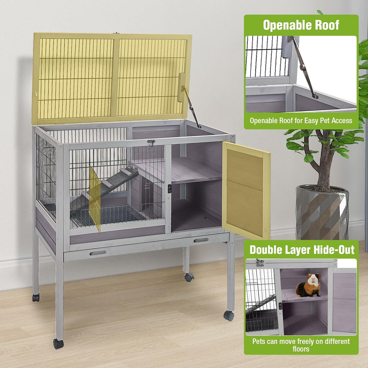 GUTINNEEN Wooden Guinea Pig Cages with Wheels for Indoor & Outdoor, 2-Story Rabbit Cage Bunny Hutch with Wire Mesh & Leakproof Pull-Out Tray for Guinea Pigs, Hamsters, Small Animals (Grey)
