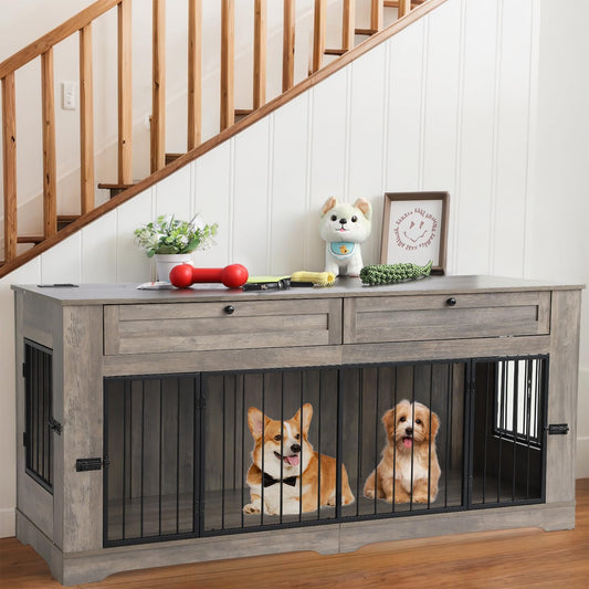 Large Dog Crate Furniture-Decorative Heavy Duty Dog Cage Indoor, Wooden Dog Cage End Table with Charging Station, Dog House with 2 Drawers (Gray, 70.86''L)