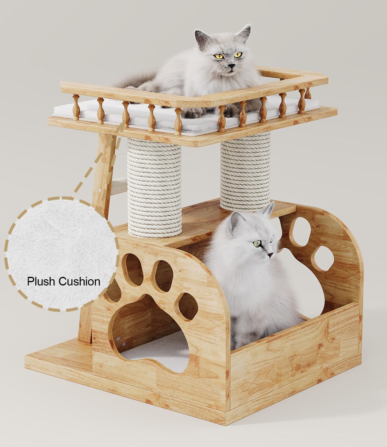 Modern Solid Wooden Cat Tree Tower, 25" Luxury Cats Trees Condo with Scratching Post, 2 Level Heavy Duty for Cat Tower Indoor Cats Adults, Natural Cats Tree House with Washable Cushions