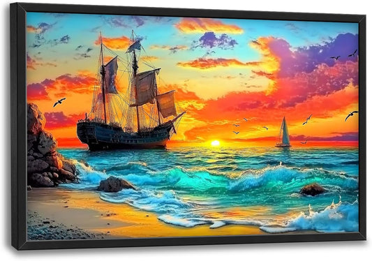 Framed Large Ship Wall Art for Living Room, Oversized Coastal Beach Boat Wall Decor Nautical Seascape Sailboat Canvas Painting Modern Artwork Home Decoration for Living Room Bedroom 36"x24"