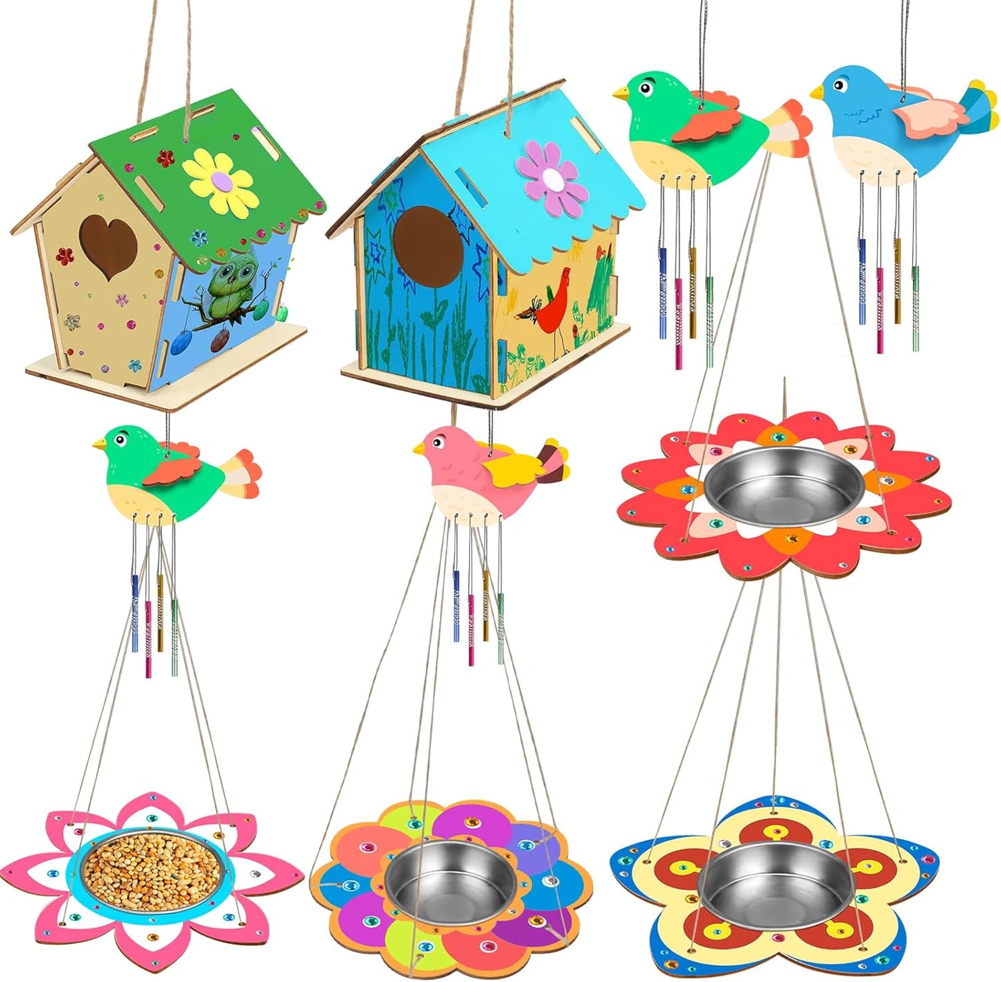 Fennoral 12 Pack Bird House Craft Kit for Kids Make You Own Bird Wind Chime Kit DIY Build and Paint Wooden Birdhouses Bird Feeder Art and Craft for Spring Yard Garden Outdoor Decoration