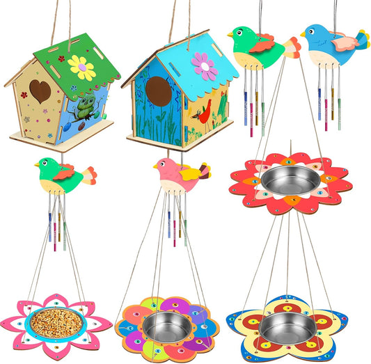 Fennoral 12 Pack Bird House Craft Kit for Kids Make You Own Bird Wind Chime Kit DIY Build and Paint Wooden Birdhouses Bird Feeder Art and Craft for Spring Yard Garden Outdoor Decoration