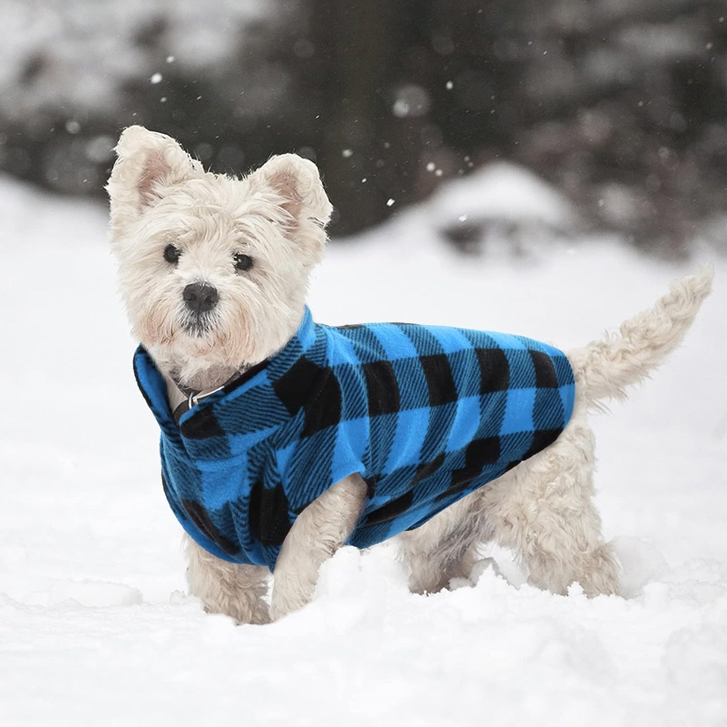 Kuoser Dog Fleece Vest,Warm Plaid Dog Sweater with Leash Hole,Soft Turtleneck Winter Pet Jacket Dogs Coat Pullover Clothes for Small Medium Dogs Cats,Spring Fall Cold Weather Christmas Outfit,Blue M
