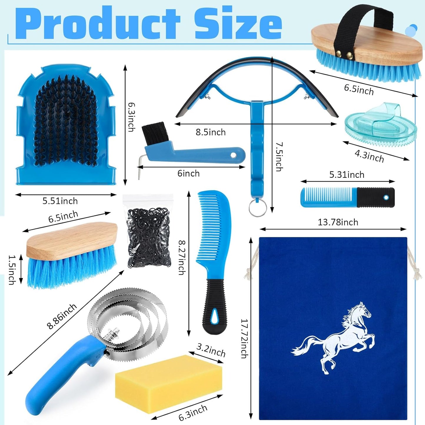 Abbylike 12 Pieces Horse Grooming Kit Racing Festival Tack Room Supplies Horse Brush Sets Equine Care Cleaning Kit Shedding Grooming Massaging Tools(Blue)