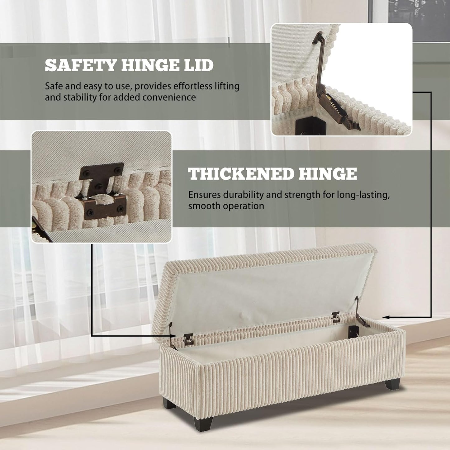 48" Ottoman with Storage, Corduroy Storage Ottoman Bench for Bedroom, End of Bed Bench with Safety Hinge for Living Room, Bedroom, Entryway, Beige