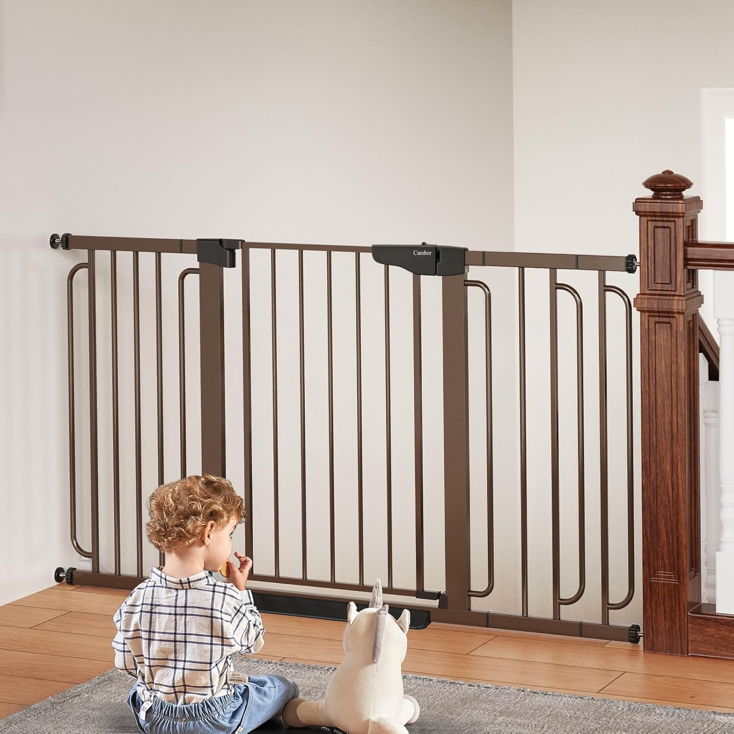 Cumbor 29.7-57" Extra Wide Baby Gate for Stairs, Mom's Choice Awards Winner-Dog Gate for Doorways, Pressure Mounted Walk Through Safety Child Gate for Kids Toddler, Tall Pet Puppy Fence Gate, Brown
