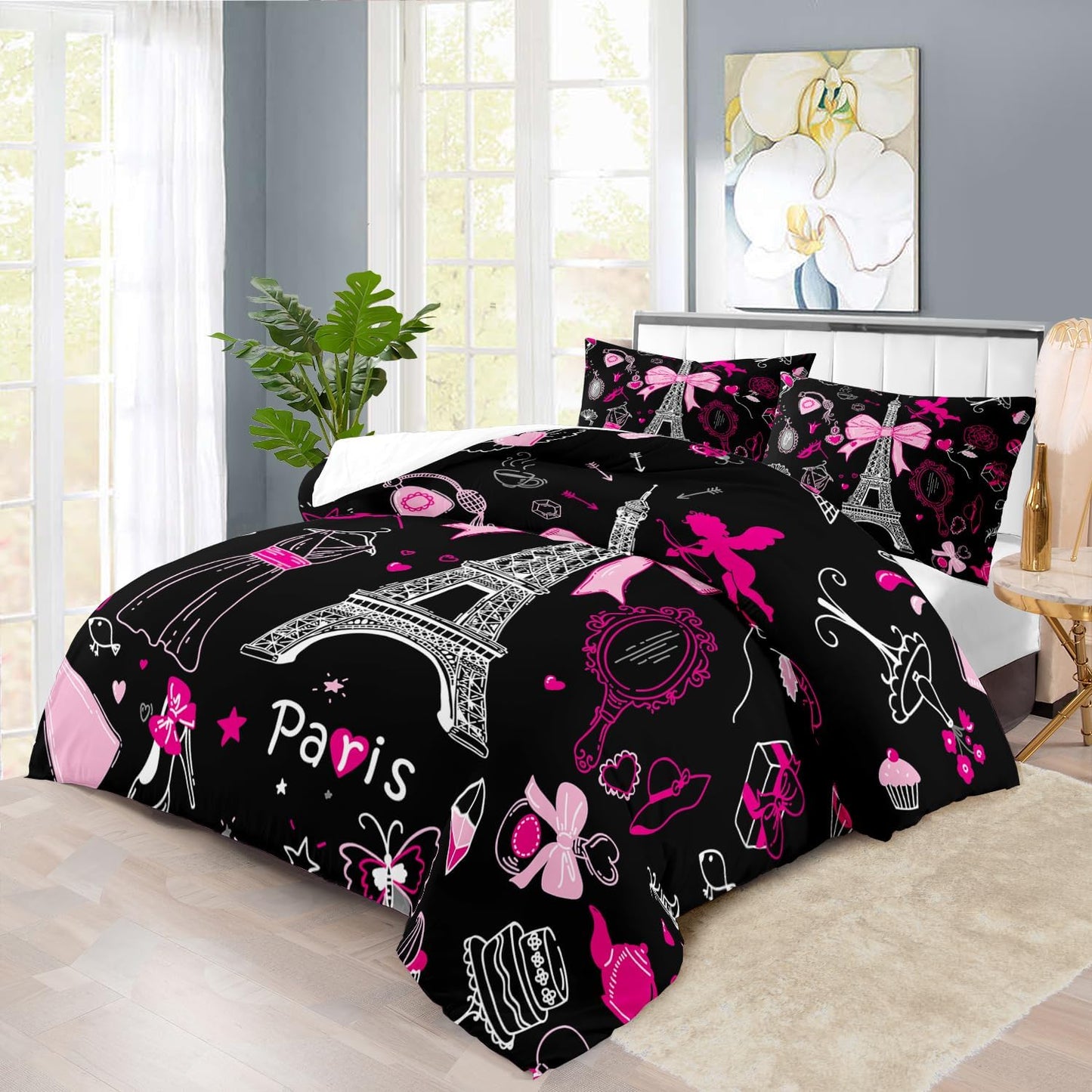 Eiffel Tower Comforter Set King Size,Eiffel Tower Bedding Set for Girls, Pink and Black Paris Themed Comforter Bedroom Decor,Paris Quilt French Style Romantic Bedding