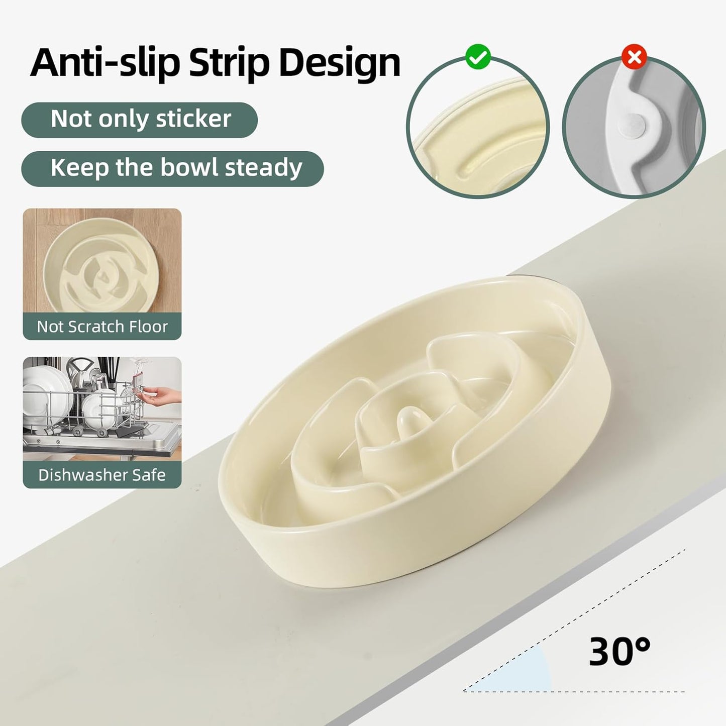 7.3inch Ceramic Raised Slow Feeder Dog Bowl Set, Elevated Wooden Stand for Medium and Small Dog, Puzzle Slow Dish, Anti-Gulping(Beige, Single Bowl+ Stand)