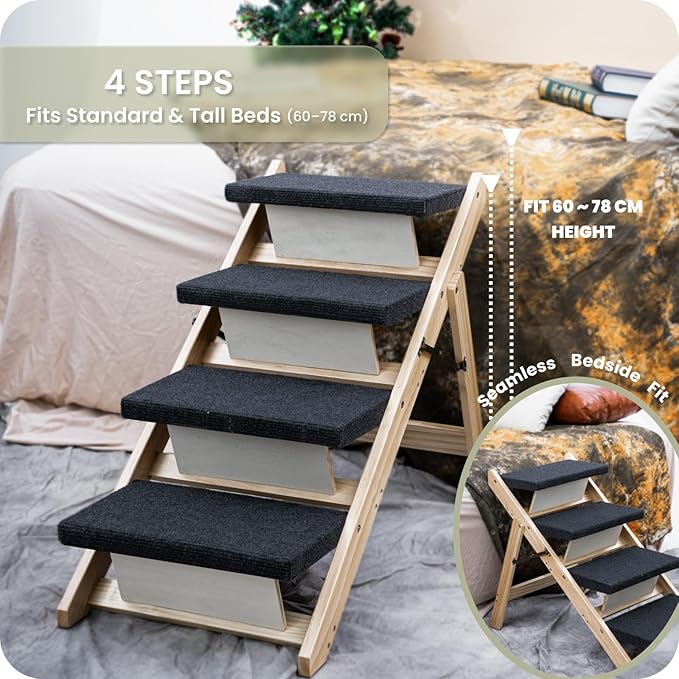 MEWANG Wood Pet Stairs & Ramp for Small/Medium Dogs and Cats, Aging Pets – 3-in-1 Foldable, Portable, Non-Slip Pet Ladder for Tall Beds, Couches,Cars–Holds Up to 220 lbs (31.5" L x 17.2" W x 25.0" H)