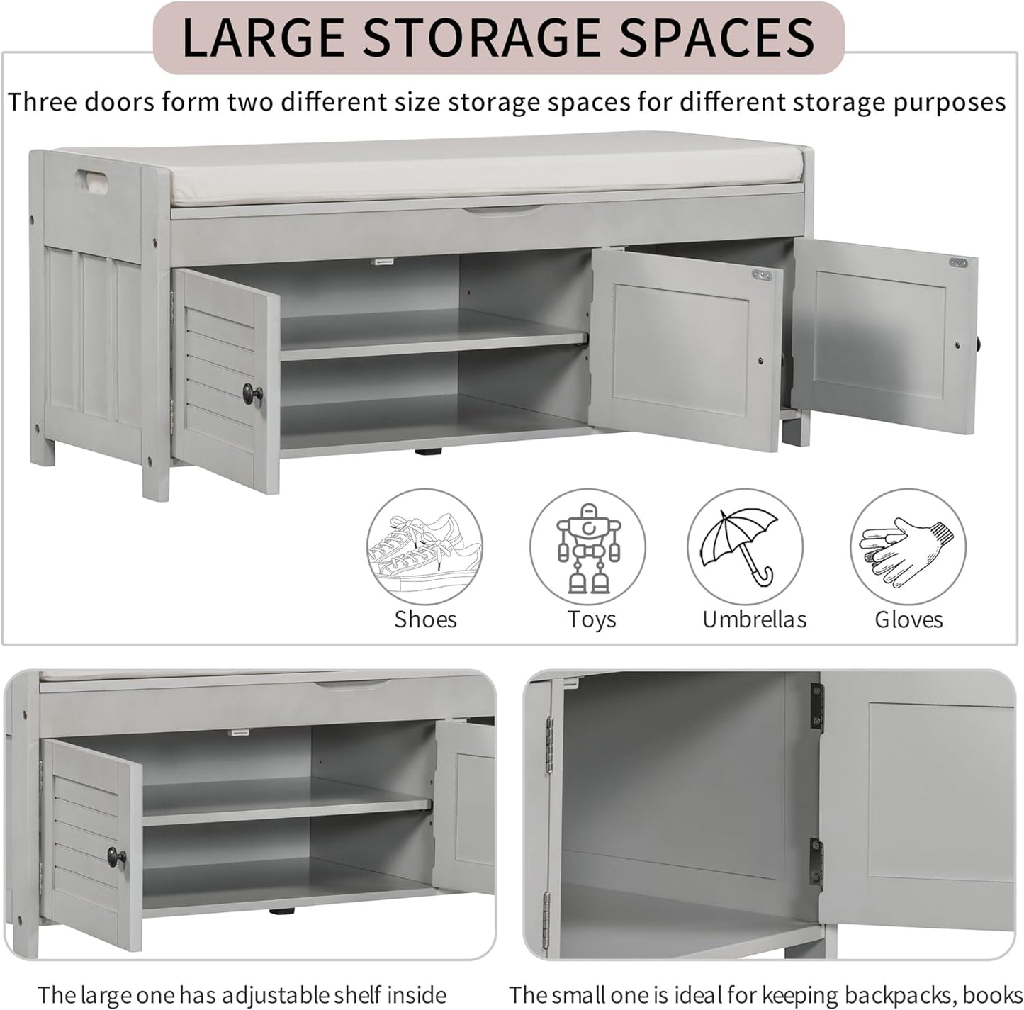 Storage Bench with 3 Shutter-Shaped Doors, Wood Shoe Bench with Removable Cushion and Hidden Storage Space for Entryway, Living Room, Hallway 43.5" L*16" W*18" H (Gray Wash Pine)