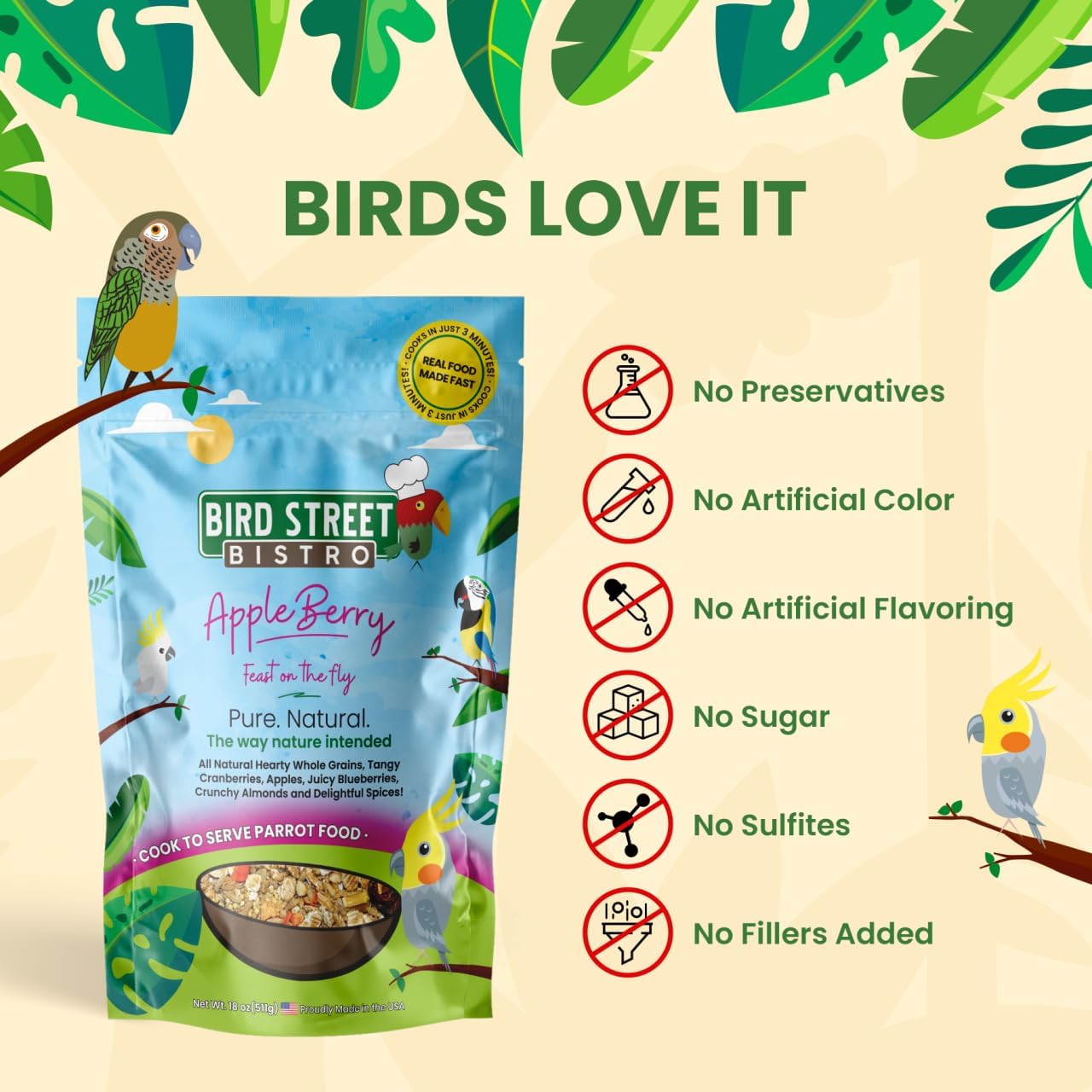 Parrot Food - Parakeet & Cockatiel Food - Cooks in 3-15 min with Natural & Organic Grains, Legumes, Non-GMO Fruits, Vegetables & Health Spices