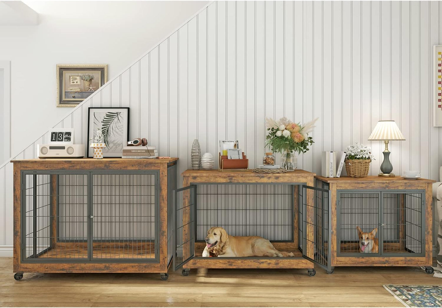 IchbinGo Dog Crate Furniture, Wooden Dog Crate Table, 43.7" Dog Kennel with 3 Doors, Flip-up Top Opening and Wheels, Decorative Pet Crate House for Large/Medium/Small Dog Indoor Use (Rustic Brown)