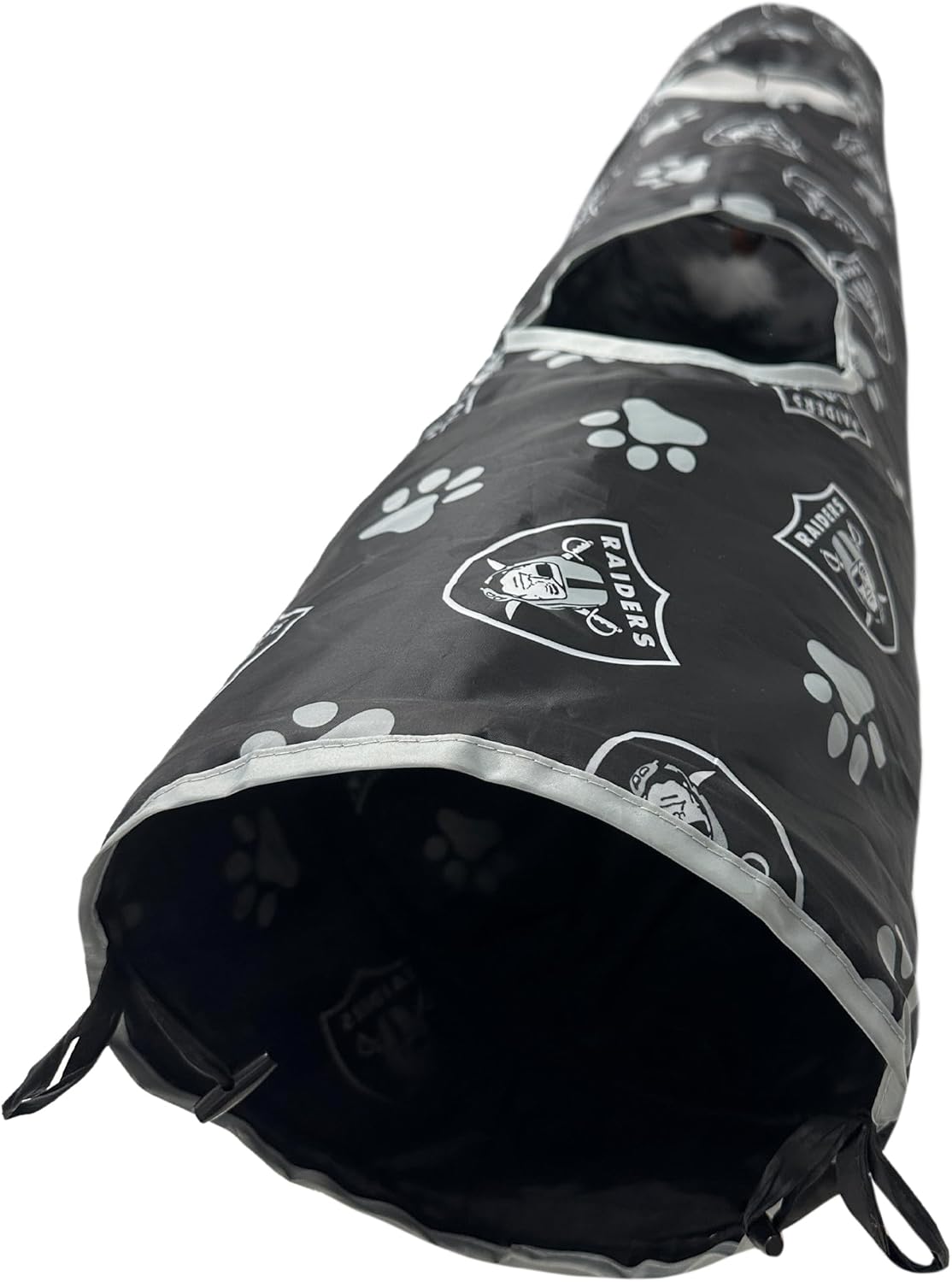 NFL Las Vegas Raiders Cat Tunnel Tube Toy with Plush Football Catnip and Feathers Collapsible Tunnel for Cats to Play, Peek and Hide, Sporty & Fun Cat Tunnel Toy with Team Logo All-Over Design!