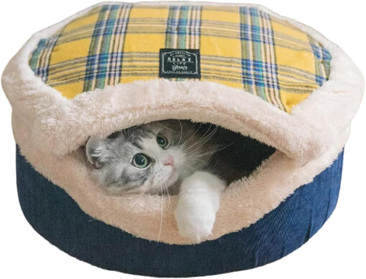 Cat Cave Bed – Plush, Warm & Calming Hideaway with Detachable Lid & Mat, Covered House for Indoor Kitten & Kitty (Yellow)