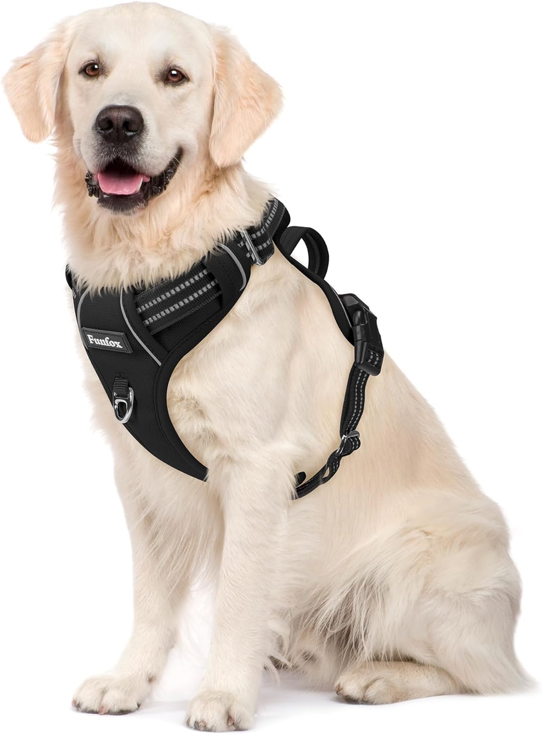 Funfox Dog Harness No Pull, Adjustable Dog Vest Harness Super Soft, 2 Leash Clips Anti Pull, Vertical Handle Easy to Control, Reflective Night Walking for Large Breed, Black, L