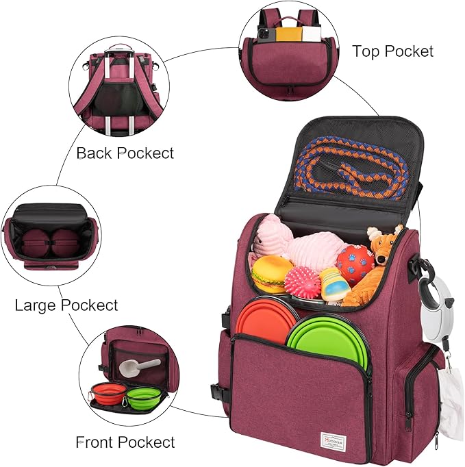 Modoker Dog Travel Bag Backpack, Airline Approved Pet Accessories Organizer for Dog and Cat with Shoulder Strap, 2 Dog Food Storage Containers, 2 Collapsible Dog Bowls,1 Pet Mat, Rose Red