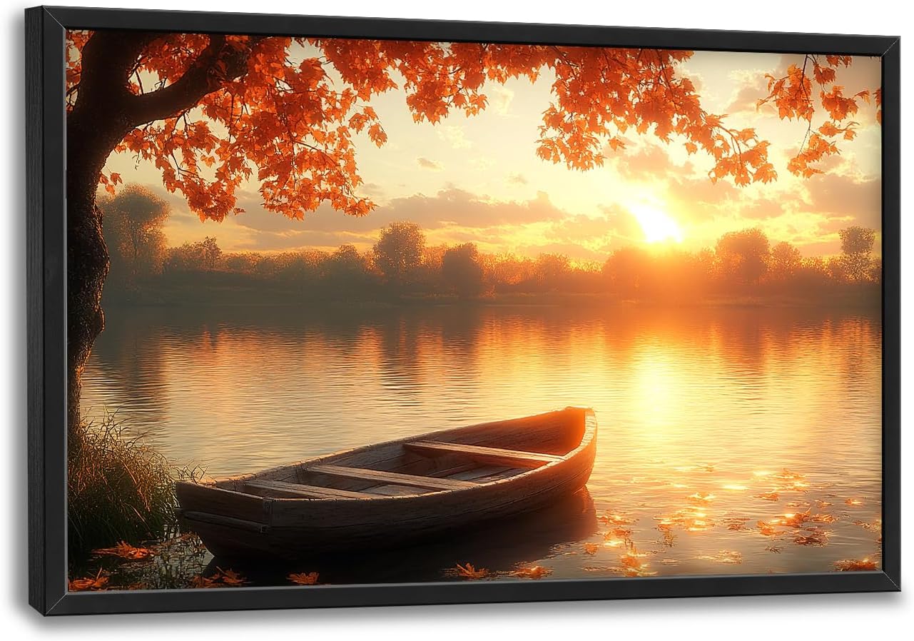 Large Lake Sunrise Landscape Wall Art for Living Room, Nature Boat Canvas Oversized Wall Decor, River Scenery Framed Pictures Painting Print Artwork for Bedroom Office 36"L x 24"W